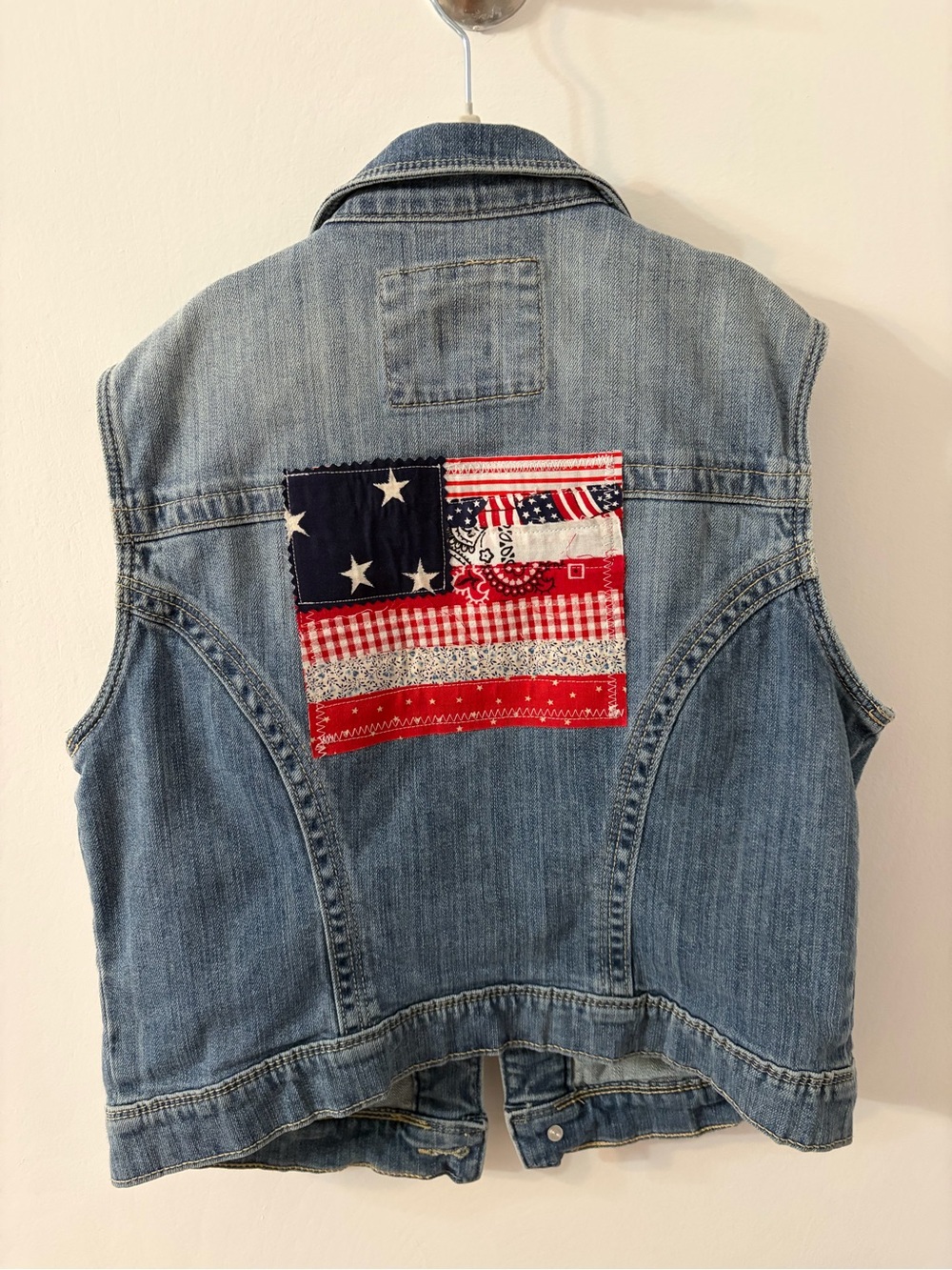 Denim Vest with American Flag Patch - Red, White & Blue Loran Conrad size small